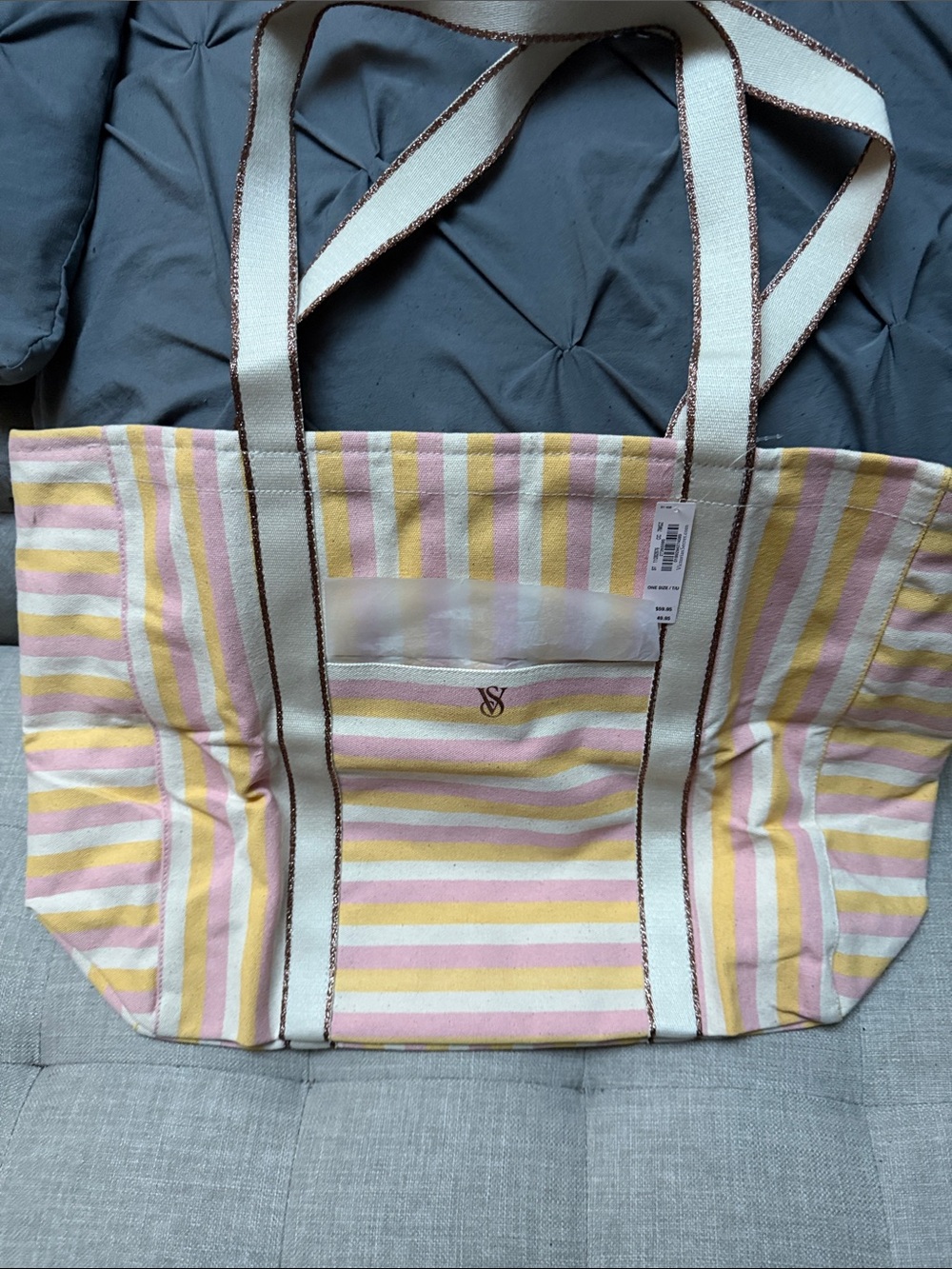 Victoria Secret Striped Pink & Yellow Canvas Tote Bag